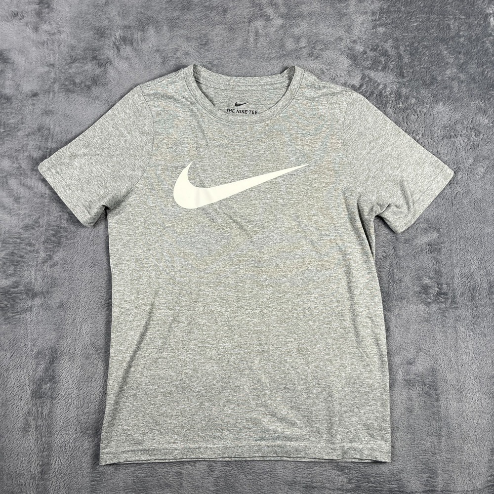 Nike Dri Fit Athletic T Shirt Boys Small Heathered Gray Swoosh Logo Performance